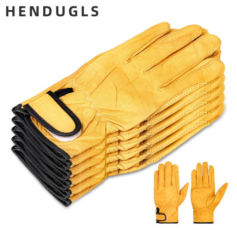 HENDUGLS-guantes de trabajo de piel de vaca para hombre, guantes de trabajo de seguridad suaves para sitio de construcción, traje de 5 uds, envío gratis, 527NP