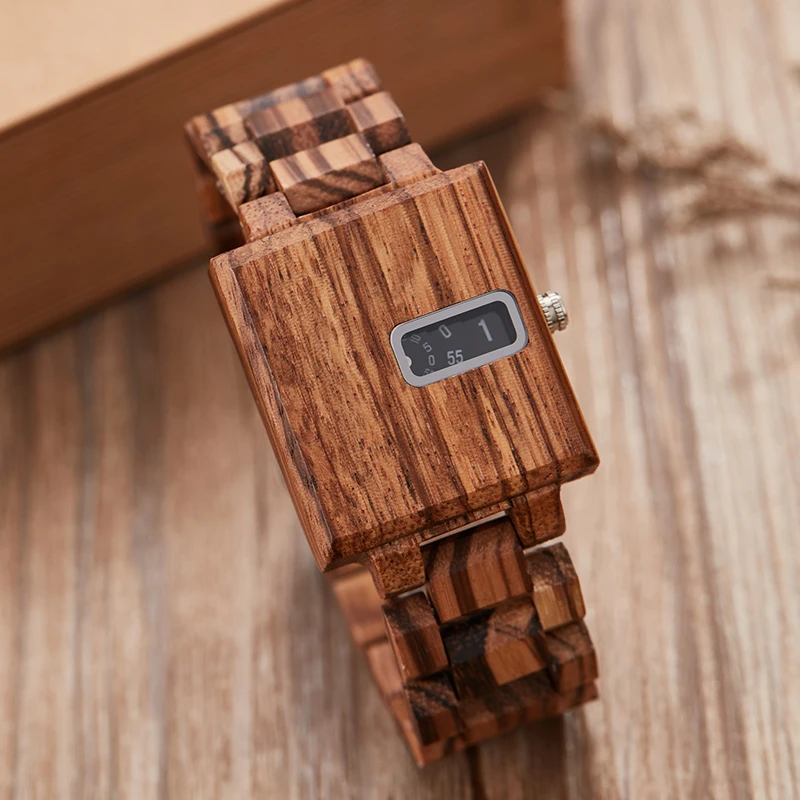 

NEW Unique Creative Square Wood Watch Solid Wooden Watches Quartz Unique Turntable Dial Folding Clasp Wristwatch montre homme