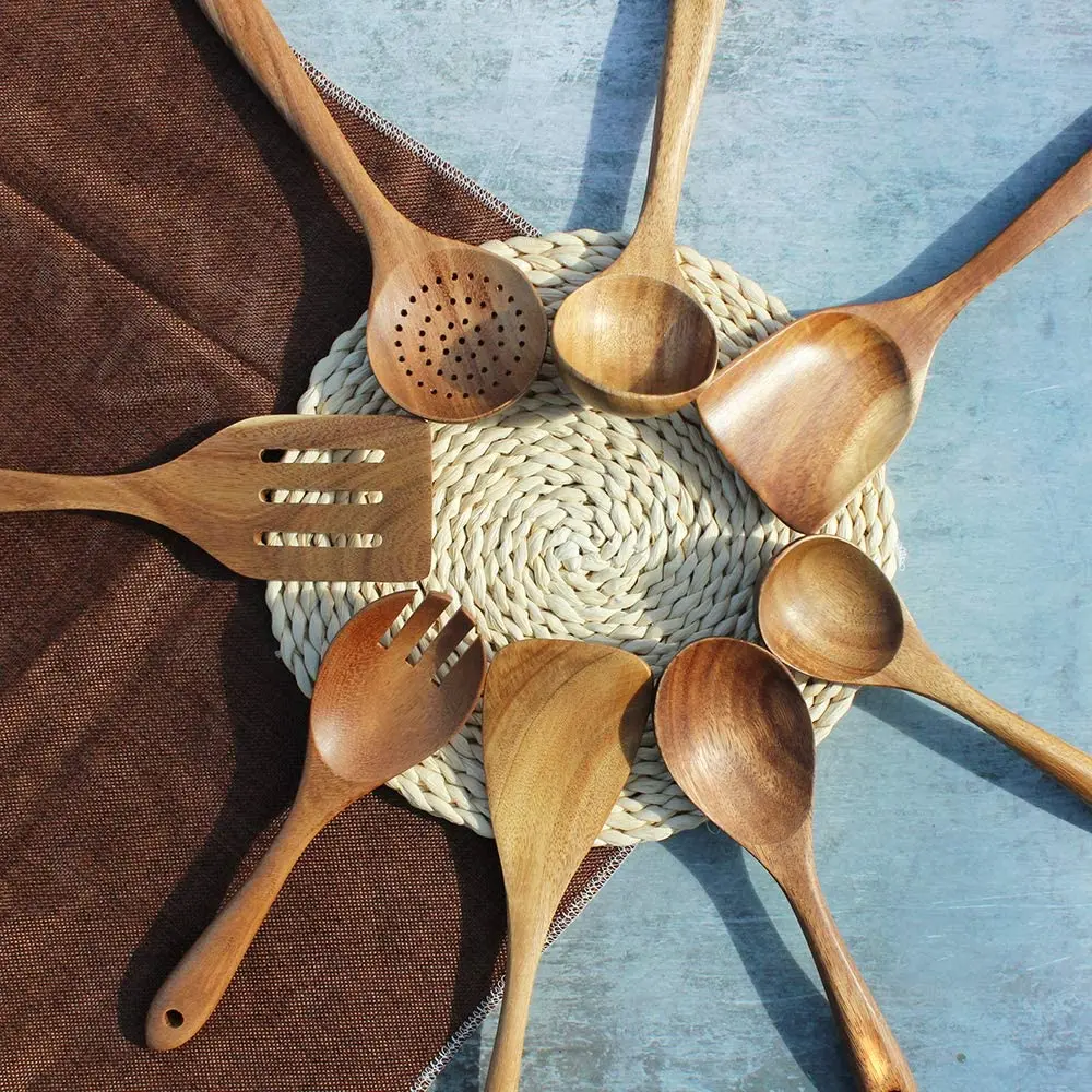 Wooden Spoons for Cooking Nonstick Kitchen Spoons Cooking Utensil Set Non Scratch Natural Teak Wooden Kitchen Tools