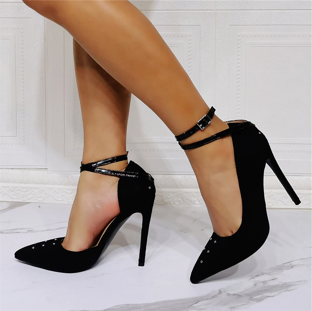 Kolnoo Ladies Real Photos Stiletto Heels Pumps Buckle Ankle Strap Kid-Suede Pointed-Toe Dress Shoes Daily Wear Fashion Shoes