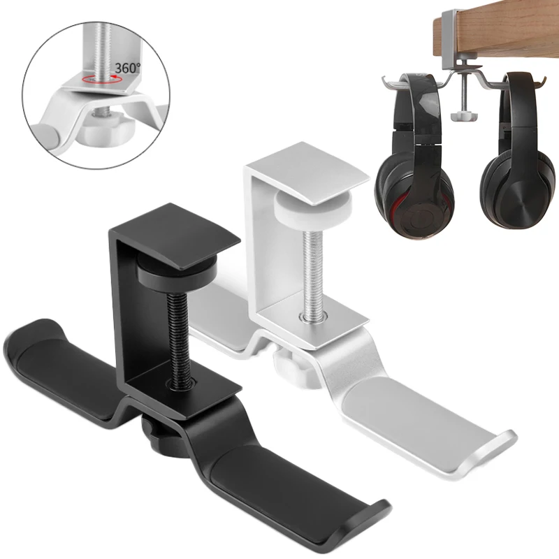 360 Degree Rotating Aluminum Alloy Headphone Holder Double Desk Clip Headset Hanger 2 in 1 Earphone Mount Under Desk Stand Rack