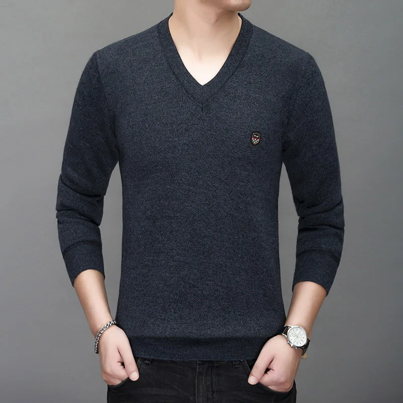 Теплые бархатные новые модные брендовые свитера мужские пуловеры с v-образным вырезом облегающие вязаные Джемперы Осенняя повседневная мужская одежда в Корейском стиле - Цвет: navy blue