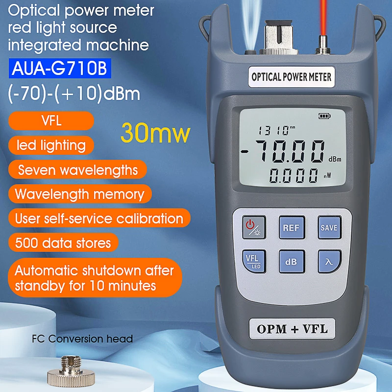 AUA All-IN-ONE Optical Power Meter with Visual Fault Locator optical fiber tester 5KM 10km 20KM 30km VFL 1/10/20/30MW fiber quick connector