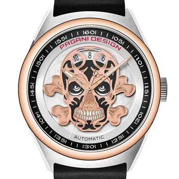 

43mm Pagani design gold bezel leather classic 3D skull Punk style men's watch luxury casual automatic men's mechanical watch