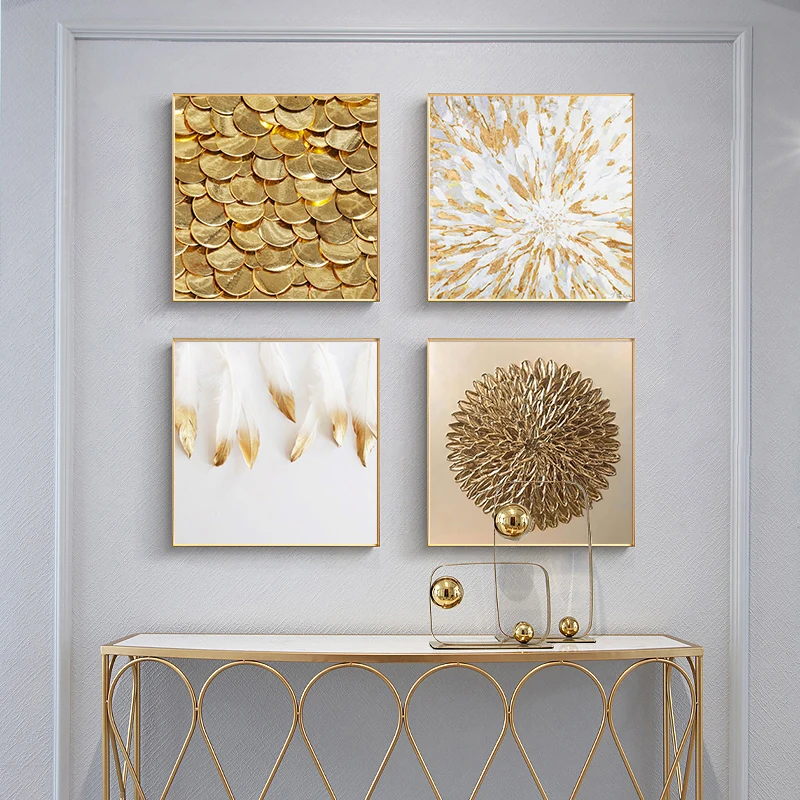 Golden Feather Leaf Abstract Wall Art Canvas Painting Nordic Poster Print Marble Coin Home Decor Modern Living Room Pictures | Дом и сад