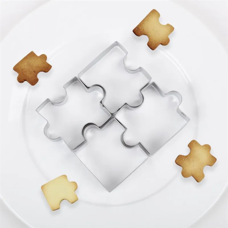 Cookie Cutter 4Pcs 3D Stainless Steel Cookie Puzzle Shape Cookie Cutters Toast Cutter DIY Biscuit Mold Dessert Bakeware Cake Fondant Mold Tool