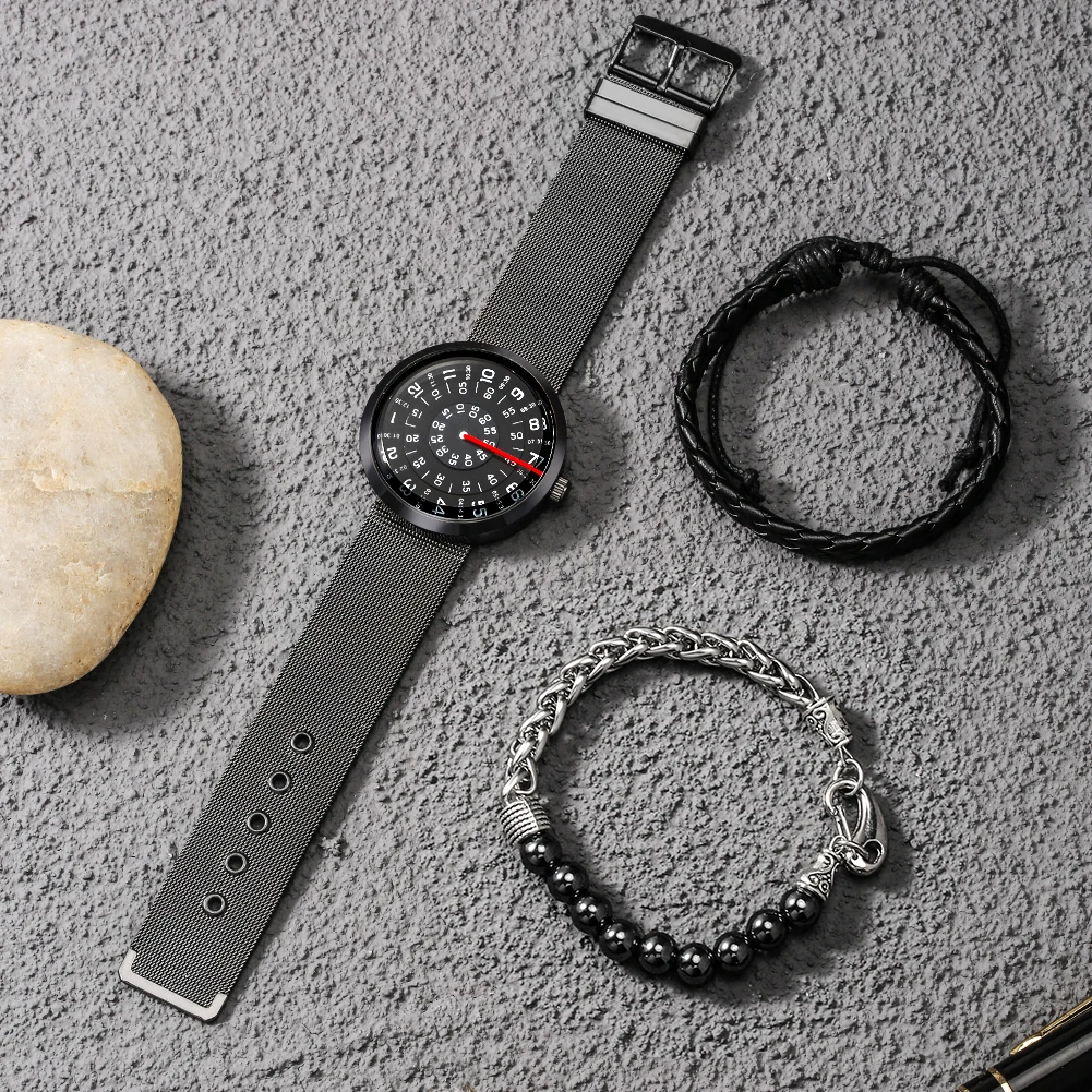 Creative Turntable Watch for Men Bead Bracelet Set Rotation Dial Stainless Steel Mesh Band Quartz Wristwatch Gifts for Boyfriend