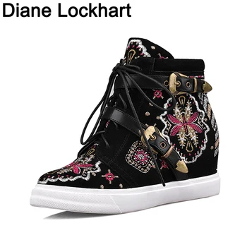 

Original Women Canvas Embroidered Wedged Pumps Retro Ankle Boots Ladies Casual High Heels Cotton Fabric Platforms Shoes Female