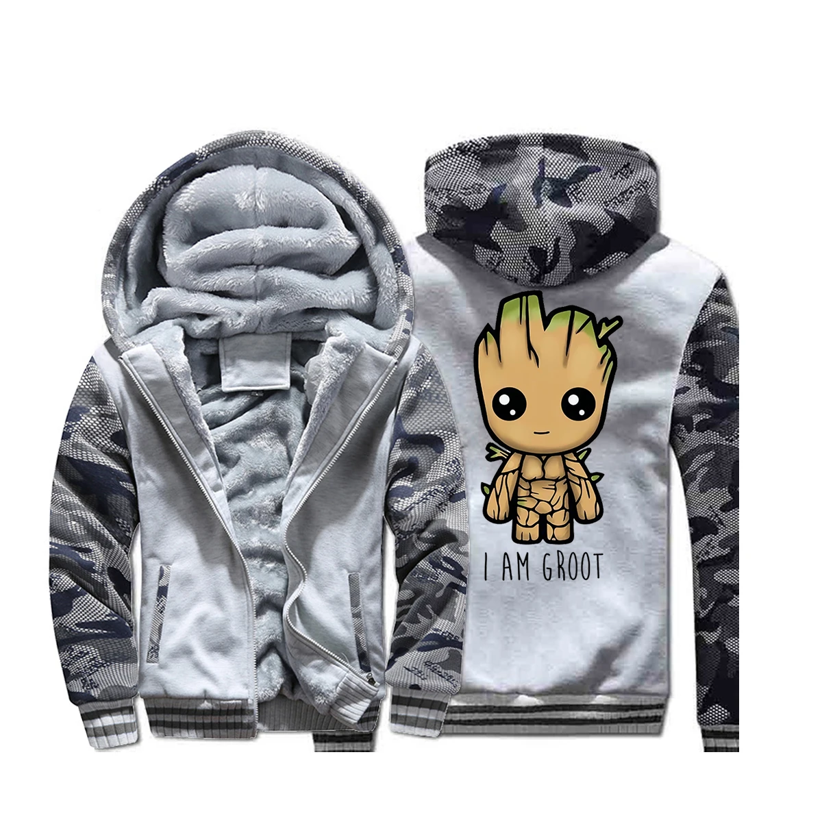 Мужские пальто с камуфляжным принтом Young Groot, модные милые толстые толстовки с капюшоном, зимняя Толстовка для фитнеса, уличная одежда для мужчин, теплые флисовые куртки