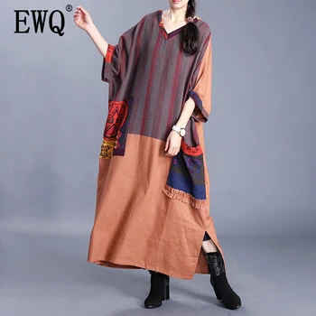

[EWQ] 2020 spring summer new pattern v-collar half sleeve hit colors patchwork pockets pulloveres casual dress women AK84816
