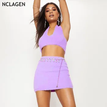 

NCLAGEN 2019 Autumn Winter Fleece Warm 2 PCs Suit Set Women Halter Backless Crop Tops Tank Vest & Hip Package Mini Skirt Outfits