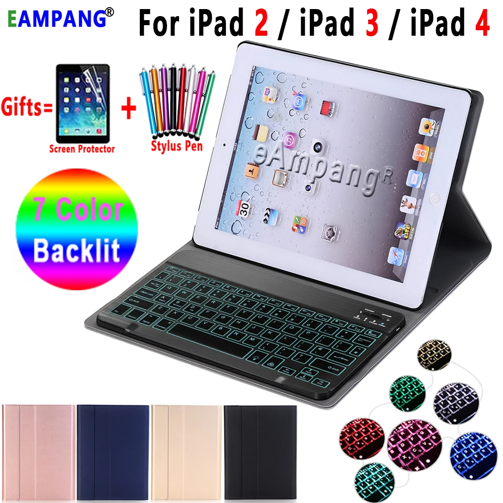 Чехол для клавиатуры с подсветкой 7 цветов Bluetooth чехол iPad2 iPad3 iPad4 кожаный + ручка