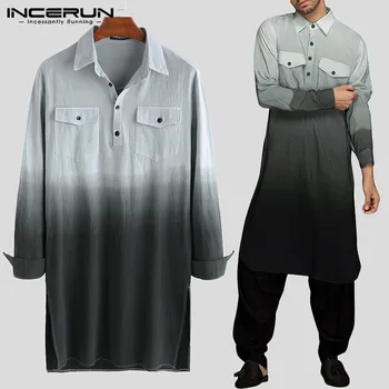 

INCERUN Autumn Gradient Tops Men Lapel Long Sleeve Muslim Robe Casual Retro Kaftan Stylish Mens Cotton Joker Pullover Tops Abaya
