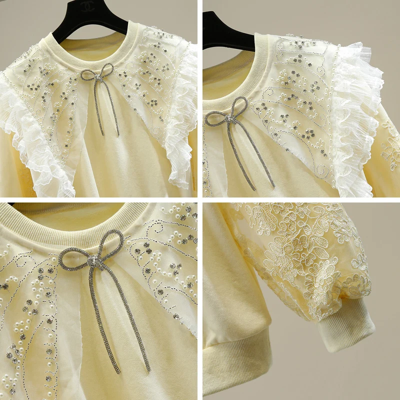 Female Sweatshirt Handmade Beaded Mesh Stitching