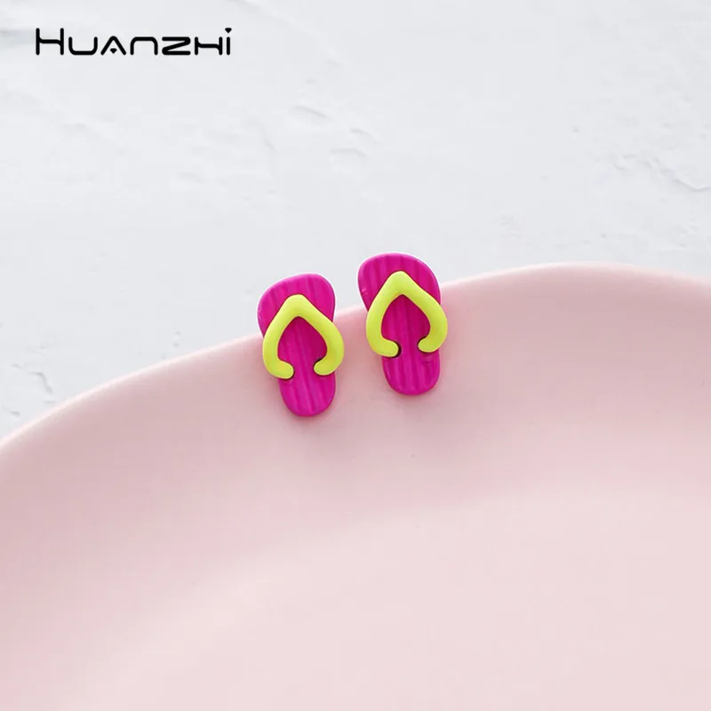 

HUANZHI 2019 Summer Beach Trendy Soft Pottery Flip Flops Colorful Cute Small Stud Earrings for Women Girls Party Travel Jewelry
