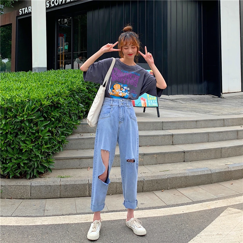 Женское платье для фотосессии, лето, Hyuna, свободная посадка, большие, с дырками, высокая талия, утягивающие джинсы, рваные джинсы для женщин