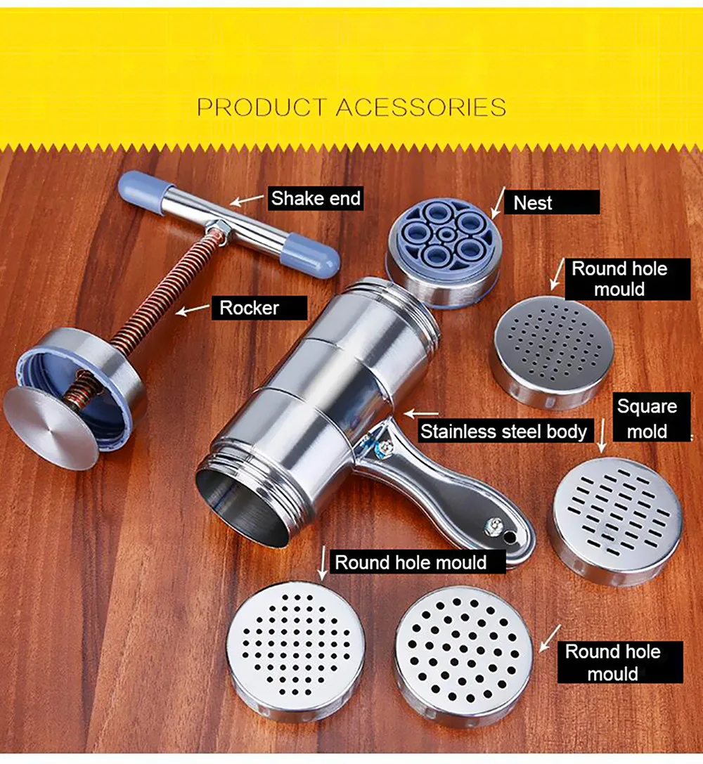 Stainless Steel Manual Noodles Press Machine Pasta Maker with 5 Mould