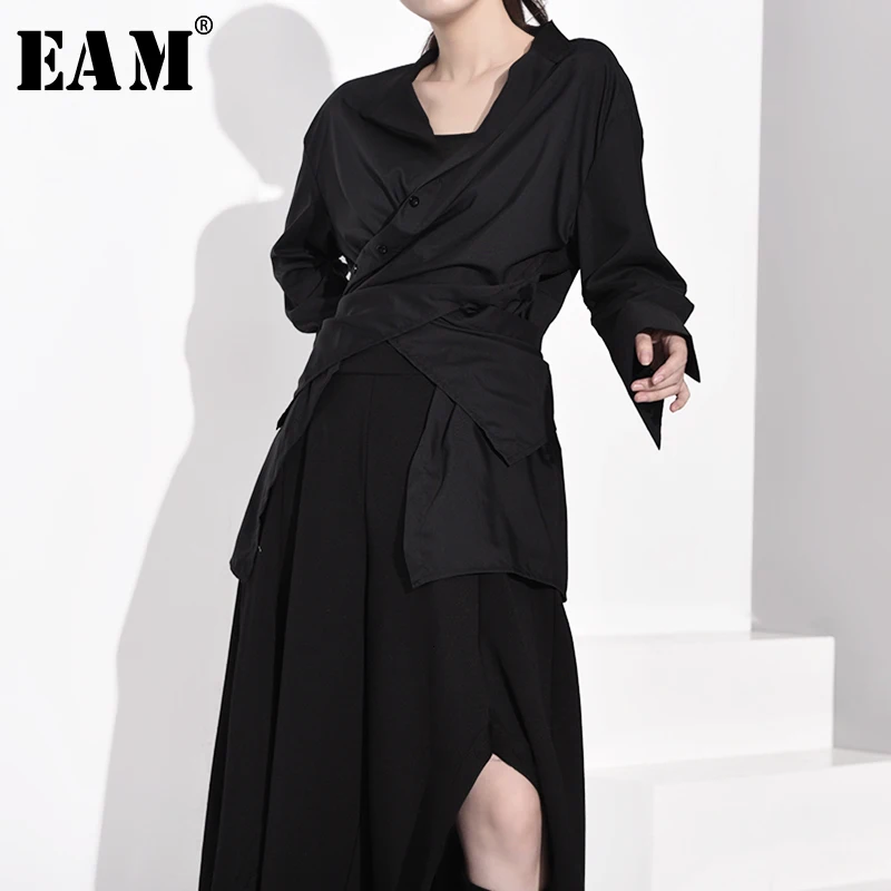 

[EAM] Women Black Waist Cross Bandage Blouse New Stand Collar Long Sleeve Loose Fit Shirt Fashion Tide Spring Autumn 2019 JX9820