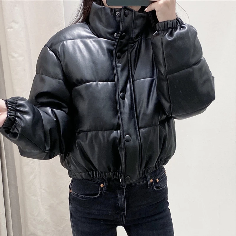 

Winter Women Black PU Leather Down Jackets Ladies Thick Warm Short Zipper Down Coats Female Stand Collar Chic Parkas