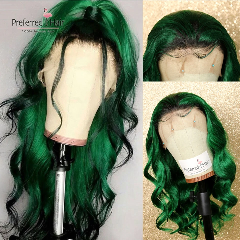 Предпочтительный prepucked Ombre зеленый синий парик 13x6 Человеческие волосы Glueless Remy