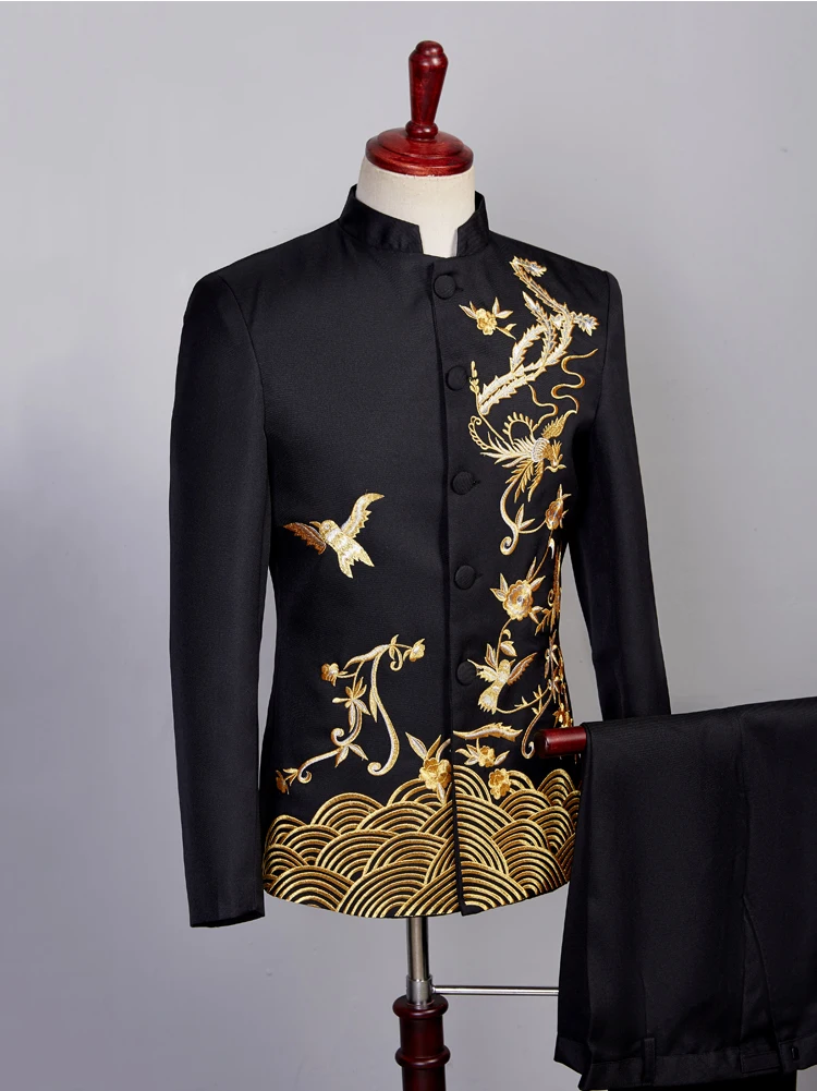 Китайский костюм-туника винтажный блейзер в полоску с вышивкой брюки из 2 предметов мужской костюм хор сценический костюм певец и ведущий формальный костюм