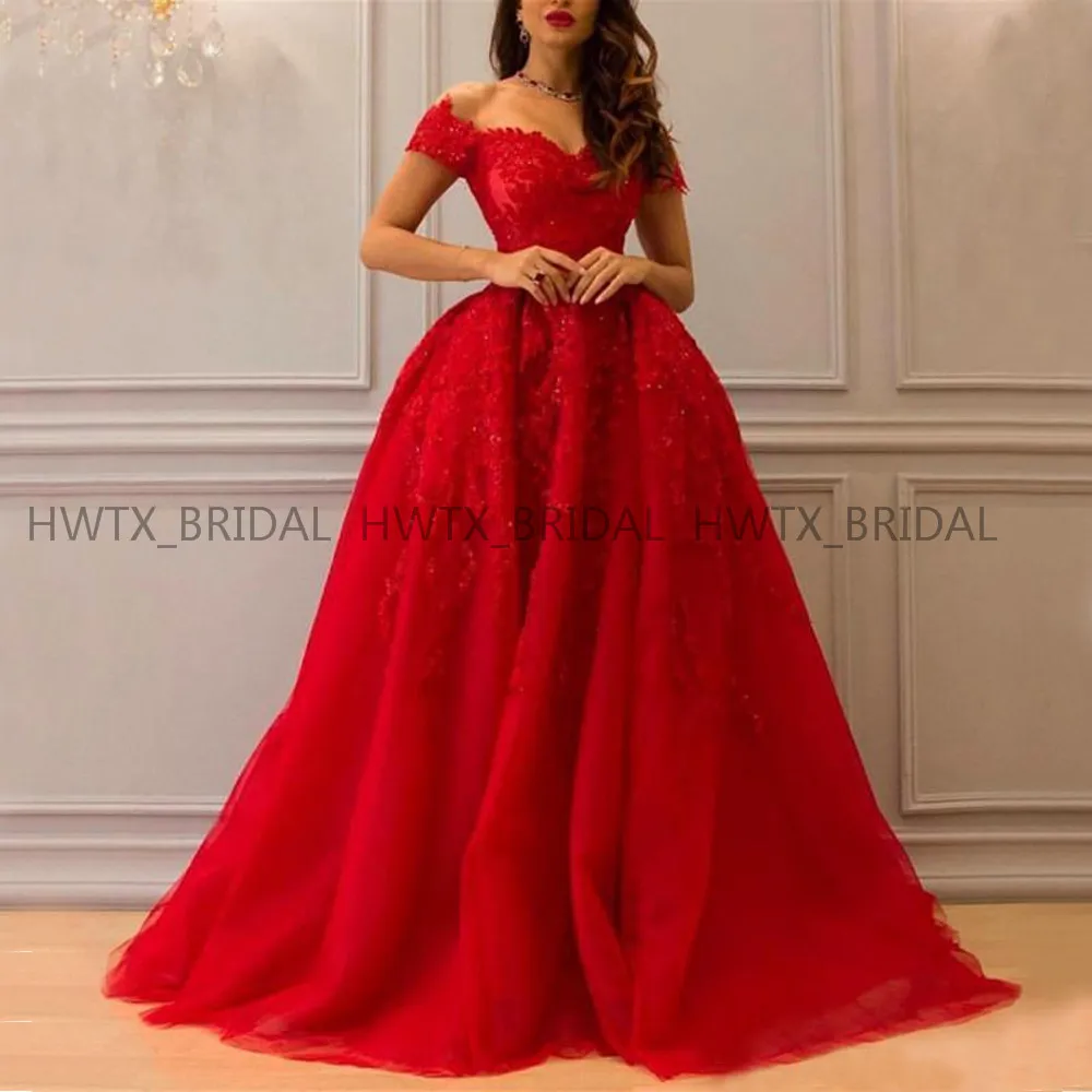 

Red Long Evening Dress With Detachable Train 2020 Arabic Dubai Yousef Aljasmi Off The Shoulder Lace Tulle Prom Formal Party Gown