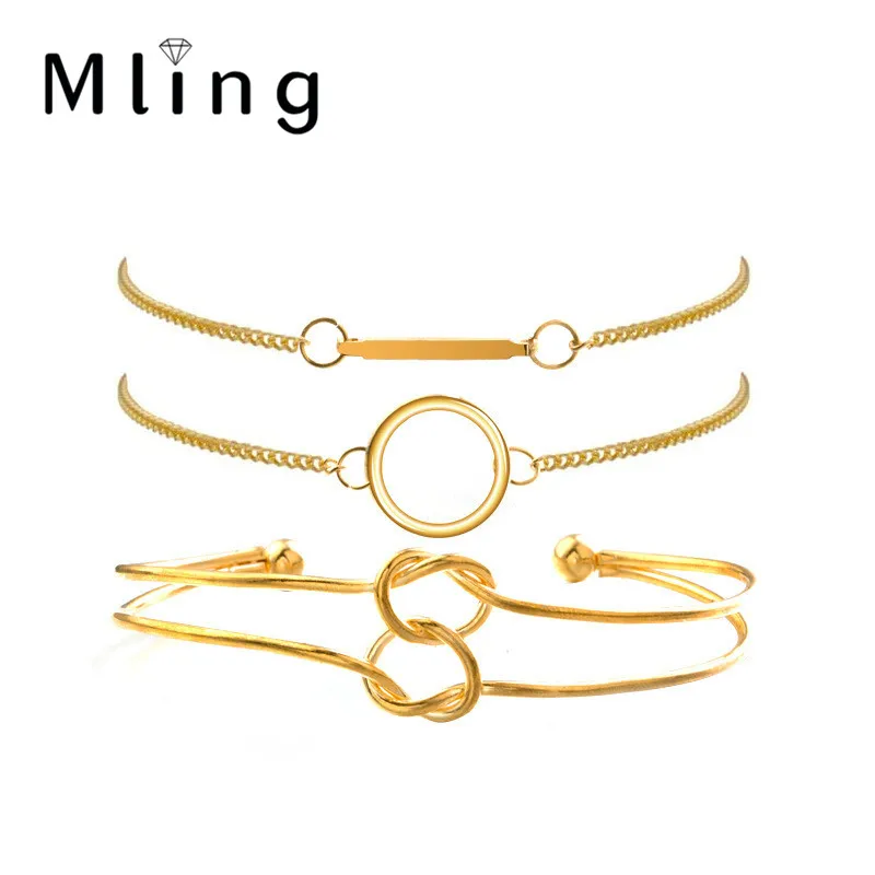 Mling 3 шт./компл. из метала золотого цвета Браслеты комплект Для женщин круг узел