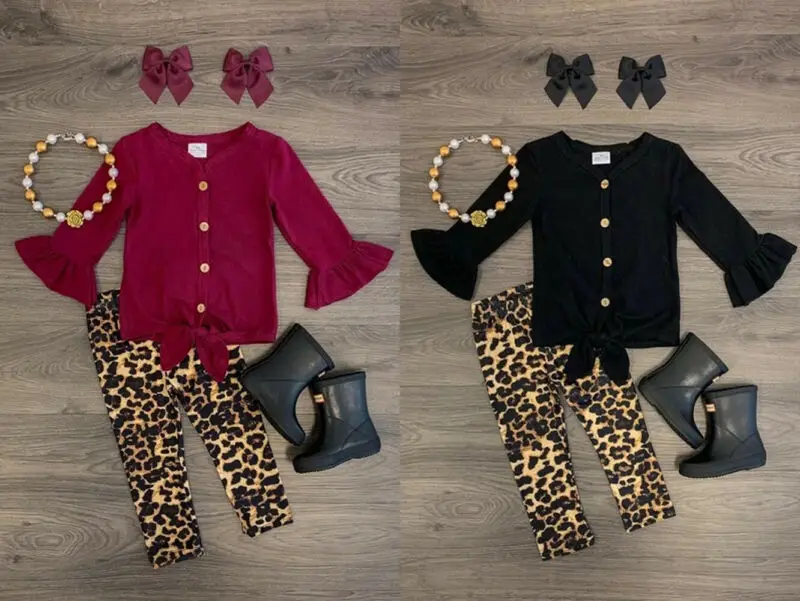 Emmababy-осенний Леопардовый Костюм для маленьких девочек футболка с длинными рукавами, рюшами и пуговицами+ штаны, комплект одежды для малышей, спортивный костюм