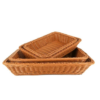 

Square Simulation Wicker Woven Storage Basket Bread Food Serving Tray Bathroom Kitchen Tabletop Organizer Supplies S/M/L
