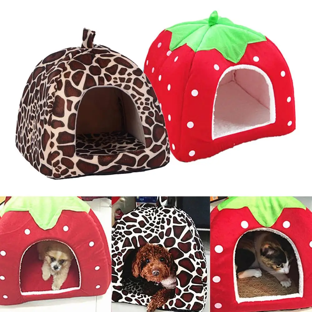 Cama cálida y suave para perros pequeños y medianos, cueva plegable para hámster de leopardo y fresa, cama para cachorro de perro, caseta para gato, productos para mascotas