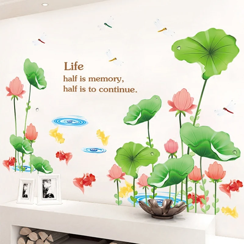 Vivid Lotus Flower Fish Pond Wall Stickers For Shop Office House Decoration Diy Pastoral Scenery Mural Art Home Decals | Дом и сад