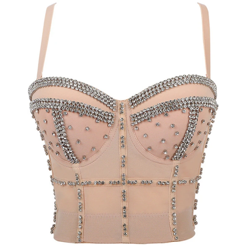 New Women Mesh Camisole Top Beaded Bright Diamonds Fashion Backless Crop Top Bustier Bra Night Club Party Tank Tops