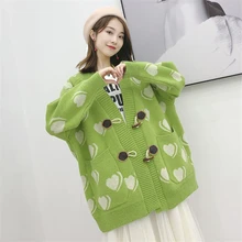Осенне-зимний женский свитер средней длины с рисунком любви Повседневный вязаный кардиган пальто корейский студенческий Плотный трикотаж