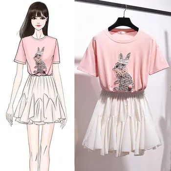 

Summer Suit Korea Loose Rabbit Embroidery White T-Shirt Pleated Mini Casual Skirt Two Piece Women's Sweet Dress