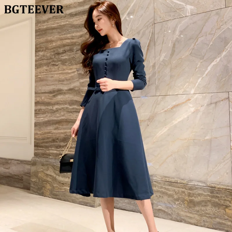 

BGTEEVER Vintage Square Collar A-line Women Dress Full Sleeve Belted Office Ladies Dress Slim Waist Midi Vestidos Female 2019