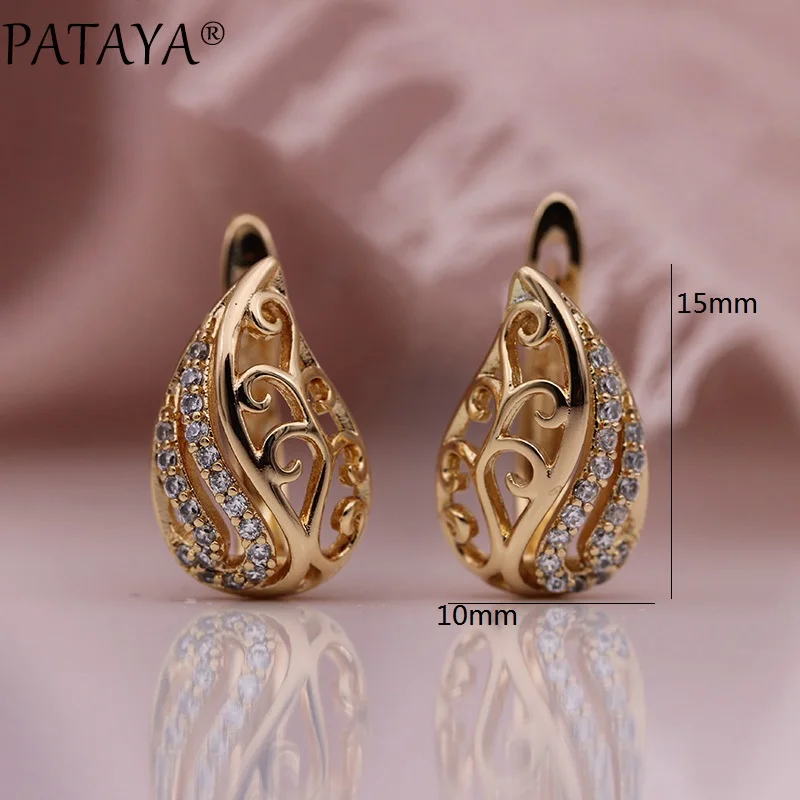 PATAYA New Unique Flame Water Drop Dangle Earrings 585 Rose Gold White Round Natural Zircon Hollow Earring Women Fashion Jewelry - Image 6