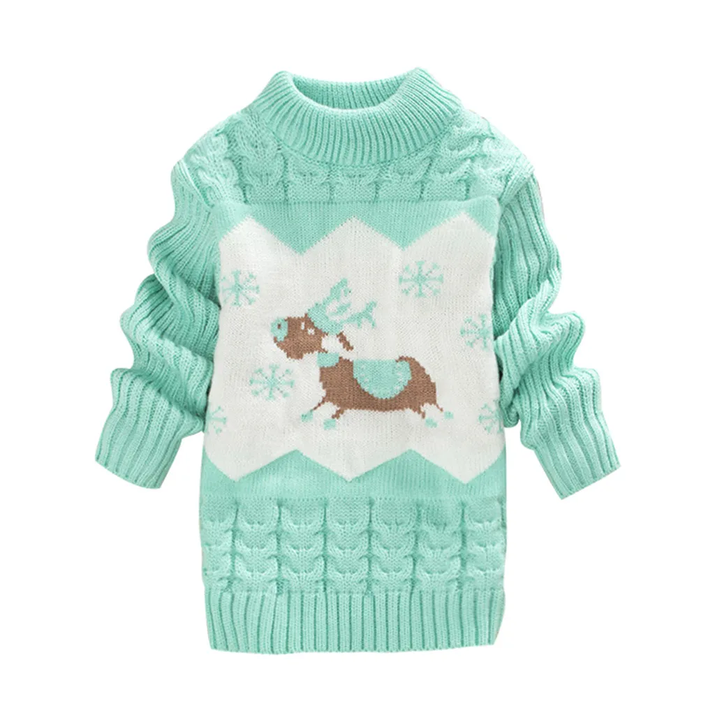 Свитер для малышей; топы для детей; теплый свитер с рождественским оленем для девочек; вязаная футболка с длинными рукавами; теплая однотонная одежда с оборками - Цвет: Mint Green A