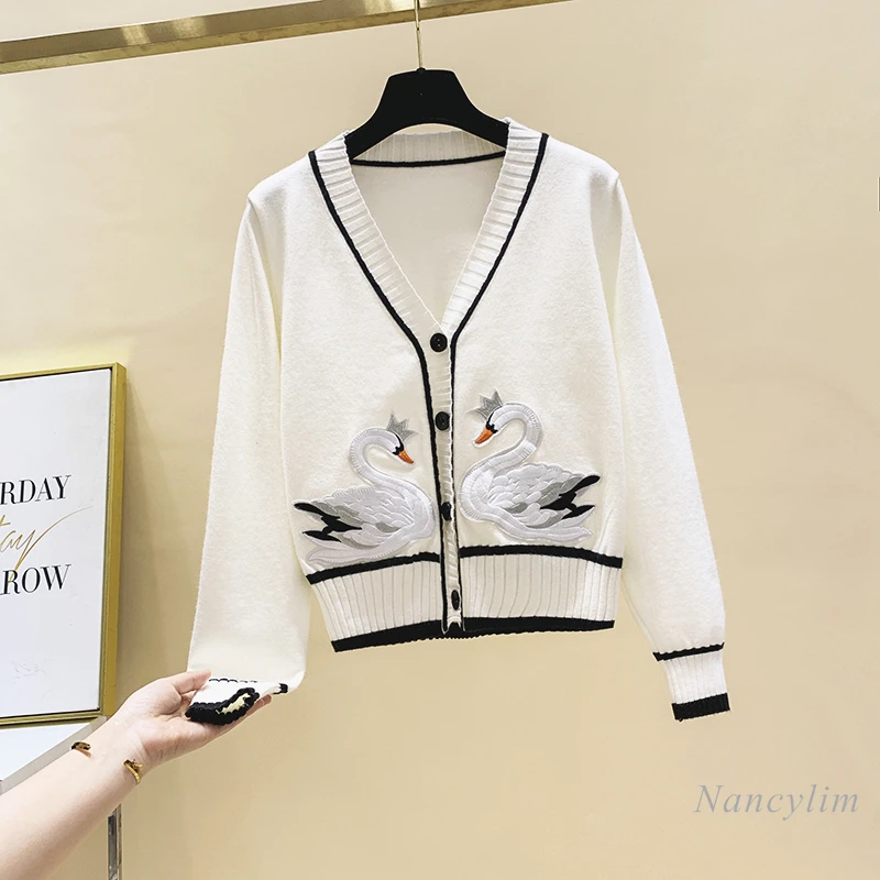 

Knitted Cardigan Jacket Women Swan Embroidery Contrasting Color V-neck Knitted Cardigans Coat Women's 2020 Autumn Top