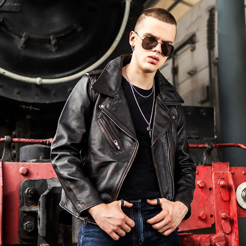 

2020 Vintage Brown Men Slim Fit Biker's Jacket Plus Size XXXXL Genuine Cowhide Autumn American Motorcycle Leather Coat