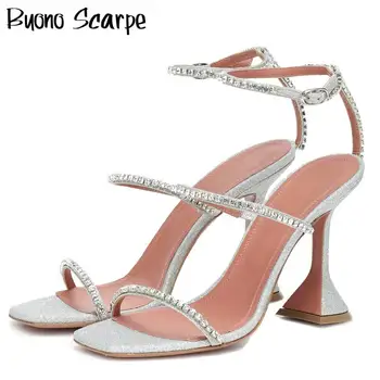 

Bling Bling Summer Wedding Shoes Crystal Brand Designer Sexy Bride Sandals High Heel Strass Party Sandalias Ankle Buckle Heels