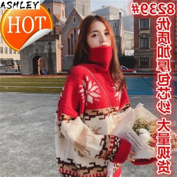 

Women Christmas Sweater Snowflake Elk Turtleneck Autumn Winter Jumper Loose Thicken Pullovers Warm Vintage Harajuku Coat V769