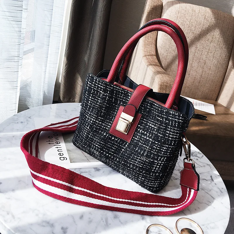

2019 New Style Woolen Plaid Lock Bucket Bag Wide Strap Shoulder Oblique Handbag