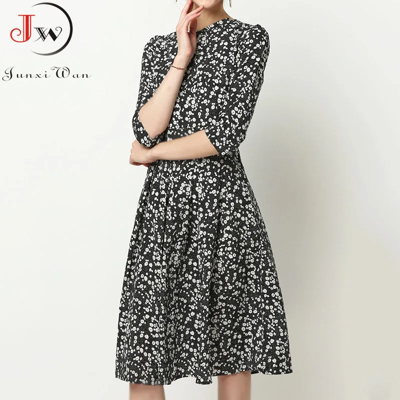 Women Floral Print Spring Summer Elegant Vintage A line Midi Dresses O-Neck 3/4 Sleeve Chic Party Dress Plus Size Robe Femme