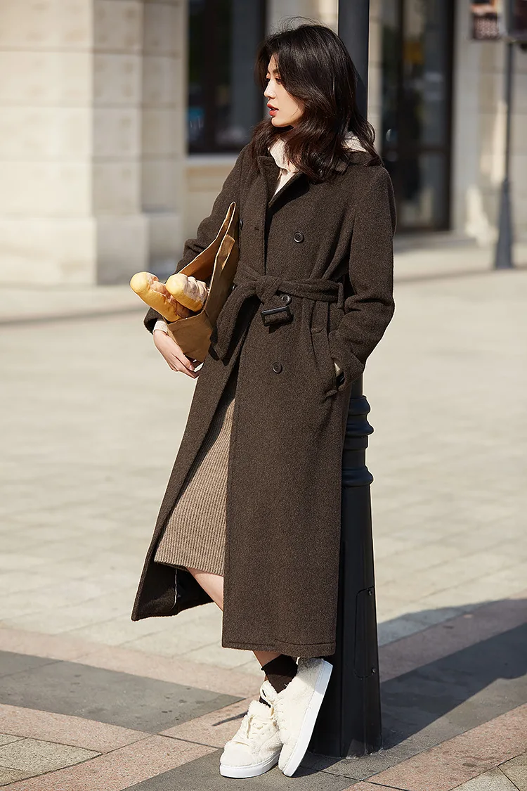 Зимнее длинное шерстяное пальто, женские пальто, женское корейское двубортное пальто, дизайнерское пальто из альпаки, коричневый пояс, шерстяное пальто, роскошная парка