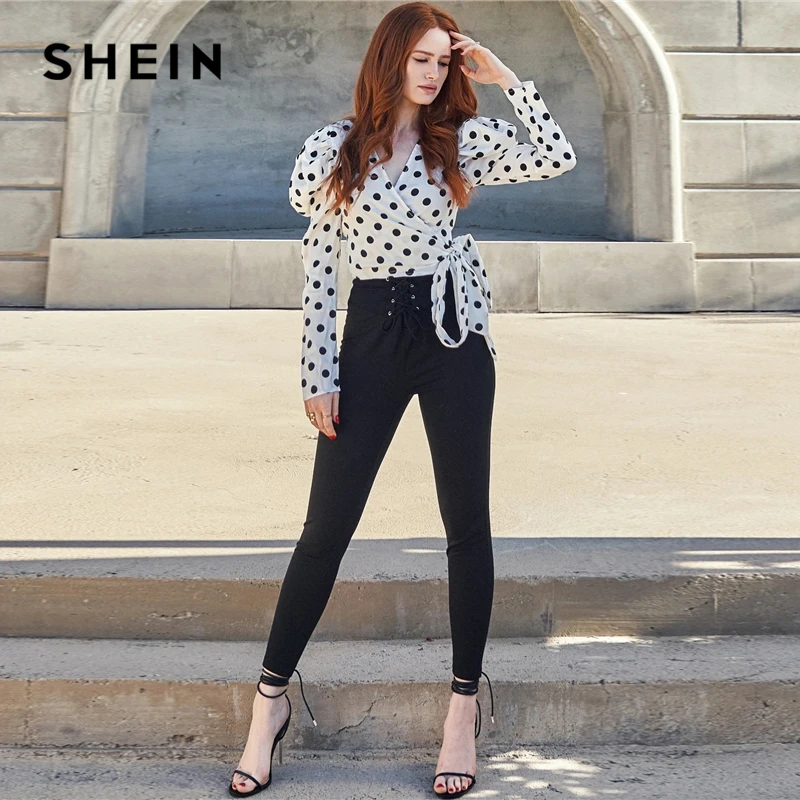 SHEIN x Madelaine белая блузка в горошек с длинными рукавами и бантом, Женская Осенняя блузка с v-образным вырезом, элегантные топы и блузки