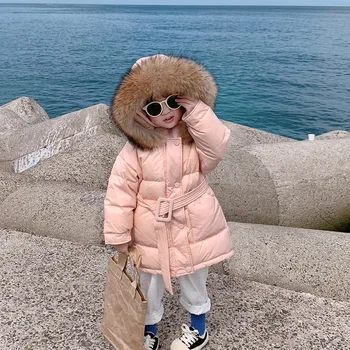 

Mid-long Girls Down Jackets with Belt Large Fur Collar Kids Snowsuit 2020 New 2-8 Years Old Children Winter Coat