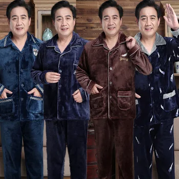 

Sommeil Tops Men's Pajamas Coral Fleece Autumn and Winter Cardigan Flannel Pajamas Men's Thickening and Velvet Home Service Suit
