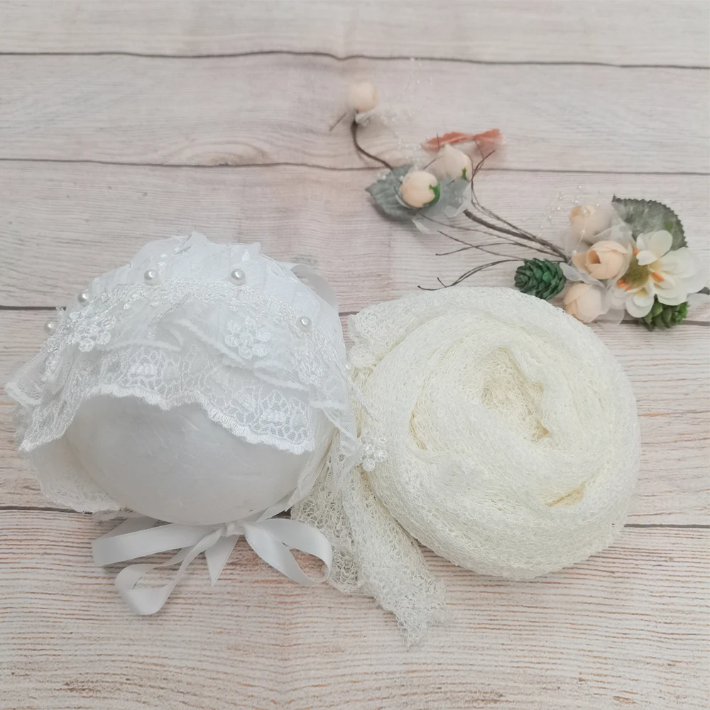 2PCS/Lot Soft Photo Shoot Accessories 140x30CM Stretchy Knit Wrap with Lace Infant Bonnet for Newborn Baby Photography Props soft knit stretchy wraps swaddle for newborn baby photography props kids receiving blankets cloth accessories for photo shooting