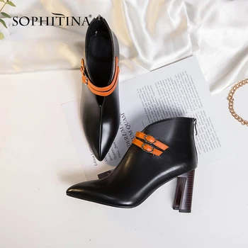 

SOPHITINA Fashion Simple Women's Boots Winter New High Quality Cow Leather Pointed Toe Shoes High Square Heel Ankle Boots MO315