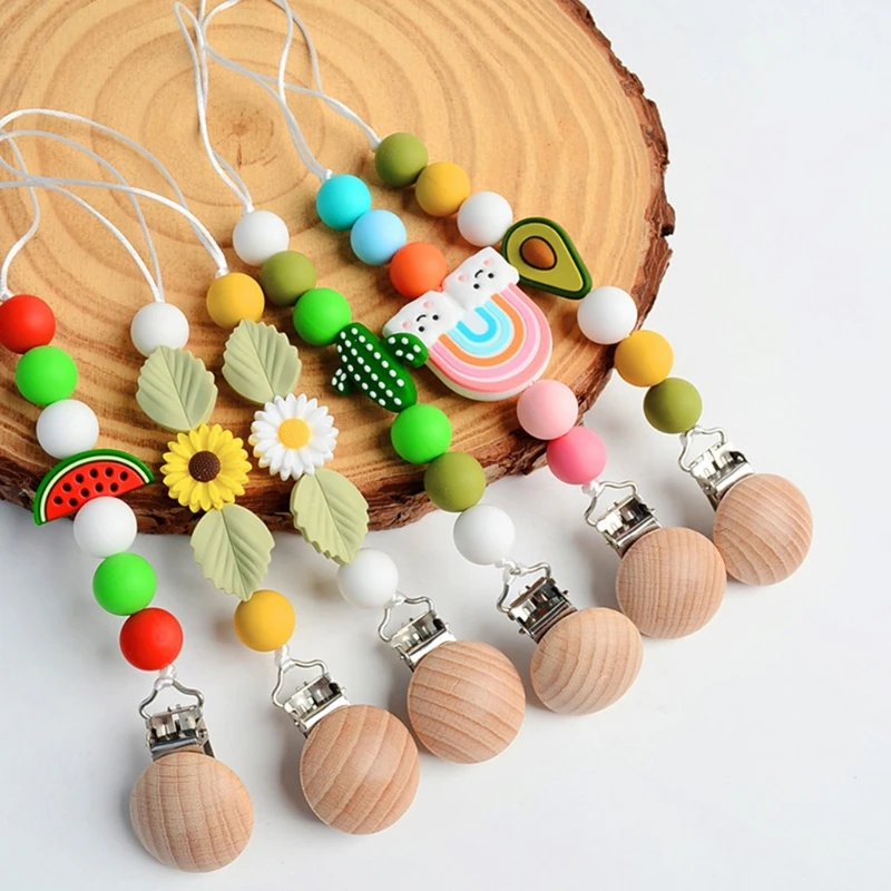 

BPA Free Wooden Baby Pacifier Clip Chain Daisy Rainbow Silicone Beads Newborn Dummy Nipple Holder Clips Pacifier Holders Chain